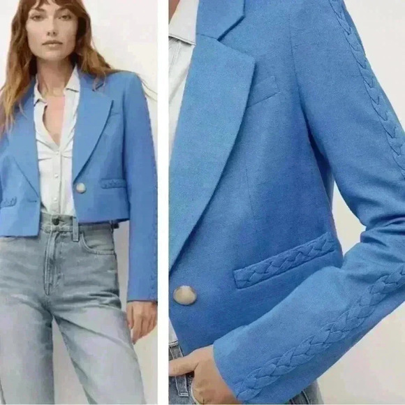 Veronica Beard Behren Blue Cropped Woven Braided Blazer Jacket 14 Shoulder Pads - Picture 1 of 15